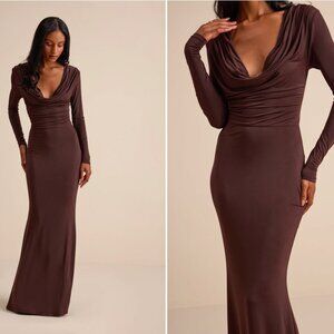 Lulu's Jennifer Brown Jersey Knit Cowl Neck Maxi Dress